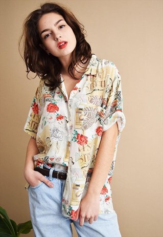 90'S RETRO ABSTRACT PATTERN PRINT OVERSIZED SHIRT