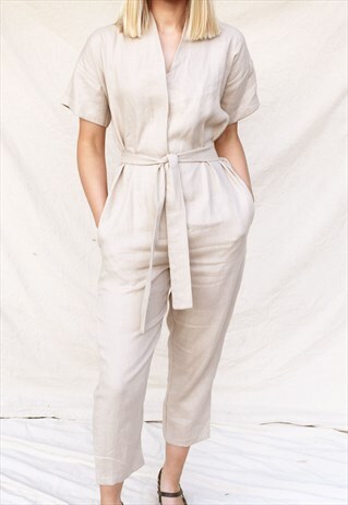 KIMONO SHORT SLEEVE BEIGE LINEN JUMPSUIT WITH V NECK AND TIE