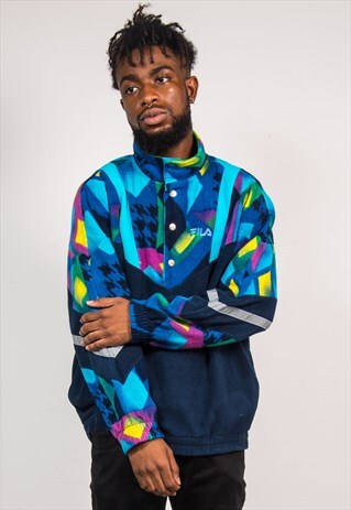 90'S VINTAGE BLUE WAVEY PATTERN FILA PULLOVER FLEECE JUMPER