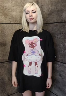 Anime tshirt Kawaii girl tee Harajuku slogan top in black