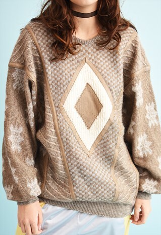 80'S RETRO FAUX LEATHER DETAILED JAZZY NEUTRAL JUMPER