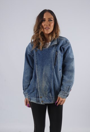 VINTAGE DENIM BOMBER JACKET OVERSIZED CHECKED UK L 14 (GK4C)
