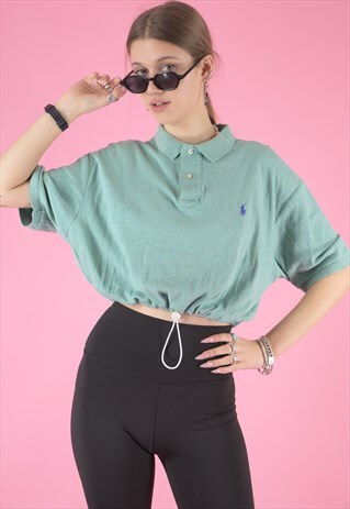 VINTAGE REWORKED RALPH LAUREN CROP TOP POLO IN MINT GREEN