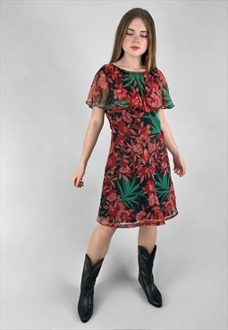 70's Vintage Sheer Black Red Floral Ruffle Mini Dress
