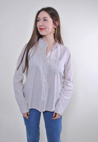 WOMEN VINTAGE CASUAL PAID GREY BLOUSE WITH LONG SLEEVE 