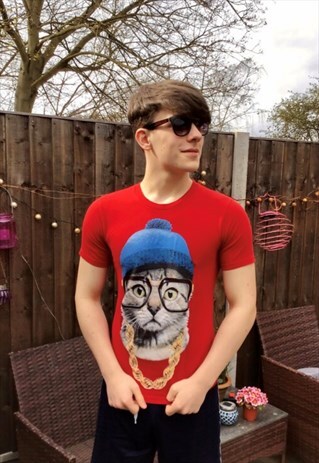 GANGSTA CAT IN HAT , SHADES AND GOLD CHAIN 90S T-SHIRT