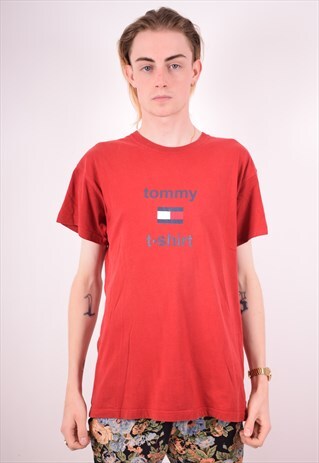 TOMMY HILFIGER MENS VINTAGE T-SHIRT TOP SMALL RED 90S