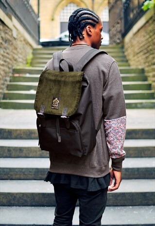 KHAKI CORDUROY PANEL LAPTOP BACKPACK RUCKSACK