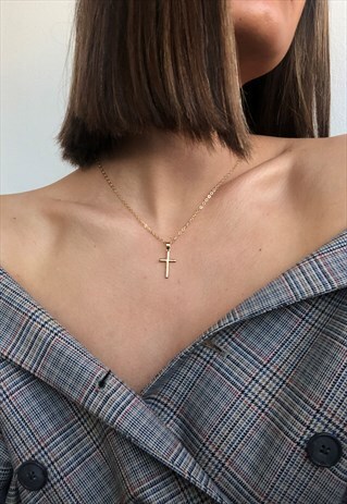 24" MINI CROSS CRUCIFIX PENDANT NECKLACE CHAIN - GOLD