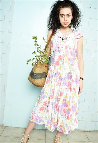 VINTAGE 90S MINIMALIST FLORAL FESTIVAL BOHO CHIC MIDI DRESS