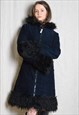 Y2K NAVY BLUE BLACK CORDUROY HOODED PENNY LANE COAT