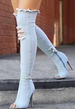 JUSTYOUROUTFIT Ripped Thigh Boots Light Denim