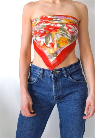 VINTAGE 80S 90S RED LILAC FLORAL BANDANA SCARF TIE UP TOP