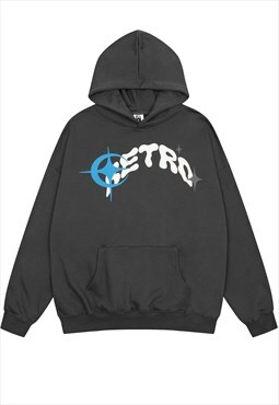 Retro slogan hoodie star print premium pullover in black