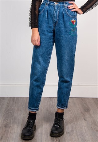 90'S VINTAGE BLUE EMBROIDERED FLOWER PATTERN MOM JEANS