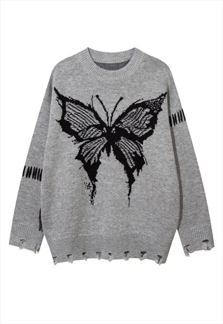 DISTRESSED KNITTED JUMPER BUTTERFLY SWEATER RIPPED TOP GREY