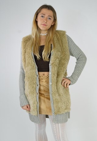 90S GREY AND BEIGE FAUX FUR CARDIGAN