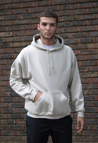 PLAIN SOFT COTTON HOODIE WITH WOVEN LABEL DETAILS IN SAND
