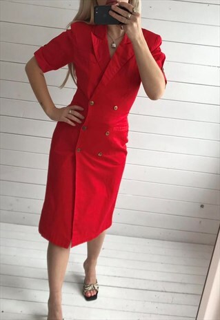 VINTAGE 80S RED FITTED BODY HUGGING FITTED MIDI DRESS