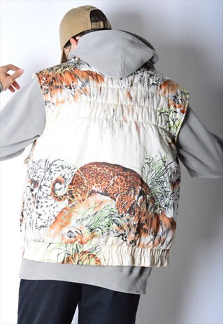 VINTAGE 80S COLOURFUL TIGER SAFARI PADDED VEST
