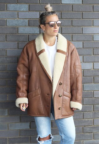 VINTAGE 1990S MOCHA LEATHER SHEEPSKIN OVERSIZED COAT