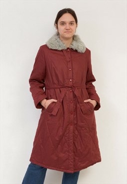 Vintage 70's Women's L Coat Jacket Burgundy Faux Fur Collar 