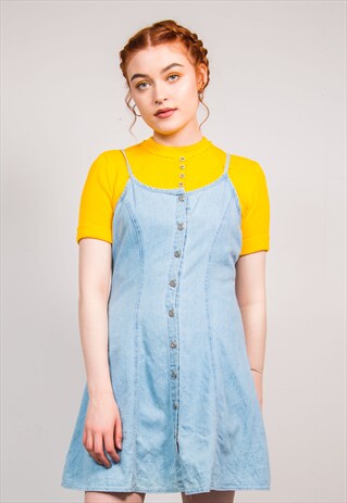 90'S VINTAGE LIGHT BLUE DENIM BUTTON FRONT SLIP MINI DRESS