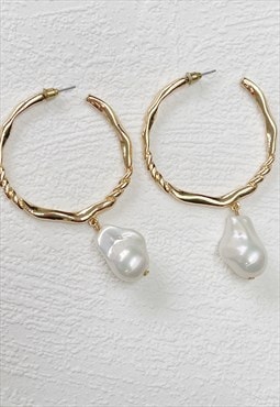 Gold Textured Circle Hoop Faux Pearl Earrings
