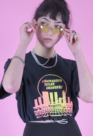 VINTAGE REWORKED CROP TOP IN BLACK WITH CITY PRINT