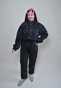 One piece ski suit, 90s black snowsuit MEDIUM size retro 