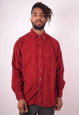 MENS VINTAGE CORDUROY SHIRT LARGE MAROON 90S