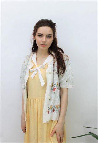 VINTAGE 1980S CREAM FLORAL SHORT SLEEVE CARDIGAN
