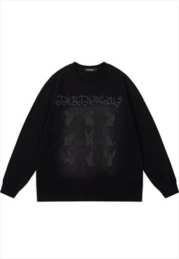 Goth cat long sleeve t-shirt grunge animal print top black