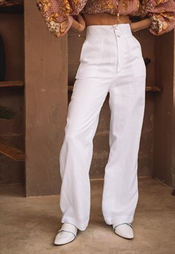 Ayat white linen wide leg trousers with pearl buttons