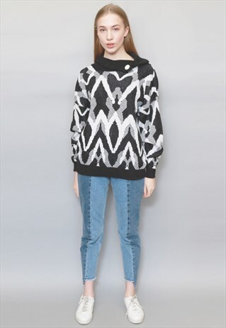 VINTAGE 1990'S BLACK AND WHITE HEART PRINT KNIT JUMPER