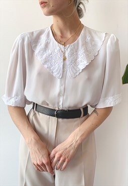 Vintage 50's White Sheer Floral Lace Button Up Collar Blouse