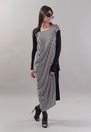 BLACK WHITE ASYMMETRICAL DRESS LONG SLEEVED KAFTAN F1796