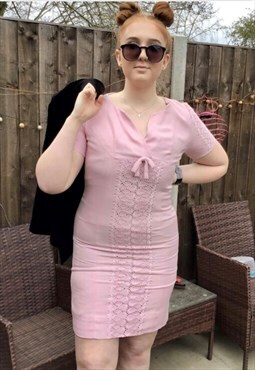 Vintage 60s pink cotton shift dress  embroidery 