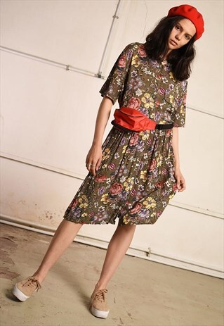 80'S RETRO PINAFORE FLORAL PRINT FESTIVAL MIDI DRESS