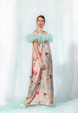 Ruffle Tulle Maxi Dress in Floral Pattern