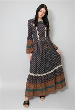 70's Vintage Victoriana Maxi Dress Indian Cotton Blue 