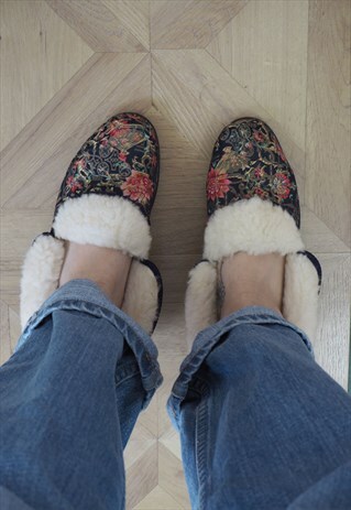 VINTAGE SHEARLING FLORAL SLIPPERS