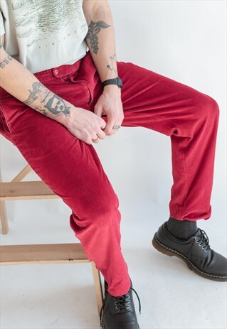 VINTAGE 80S RED CORDUROY TROUSERS IN SLIM FIT