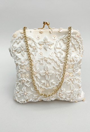 60's Vintage Beaded Cream Sequin Bag Gold Chain