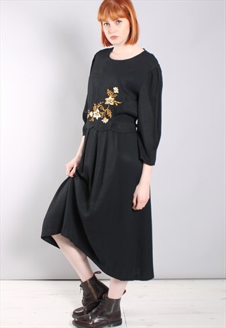 VINTAGE 80S BLACK EMBROIDERED TIE BACK MIDI DRESS
