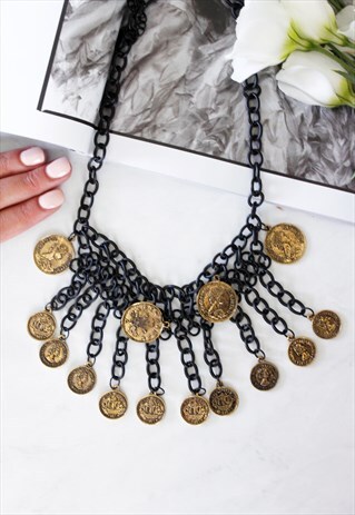 BLACK CHAIN GOLD COIN LAYERED CHUNKY STATEMENT NECKLACE