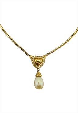 Christian Dior Necklace Gold Heart Crystal Pearl Drop Dangle
