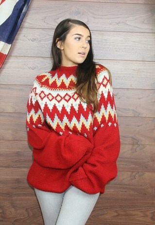 VINTAGE OVERSIZED ICELANDIC,PATTEREND,COSY KNIT JUMPER, L