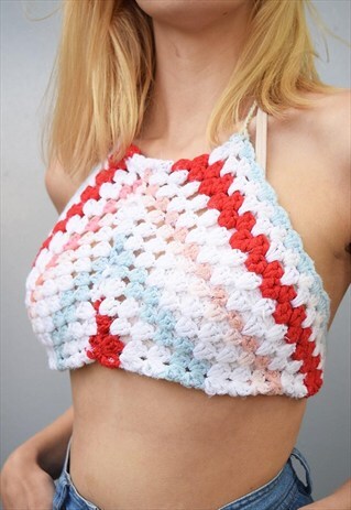 70'S STYLE MOD BOHO FESTIVAL JAZZY CROCHET HALTER CROP TOP
