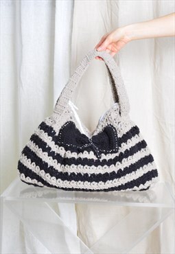 Y2K Black Grey Striped Bow Crochet Shoulder Bag